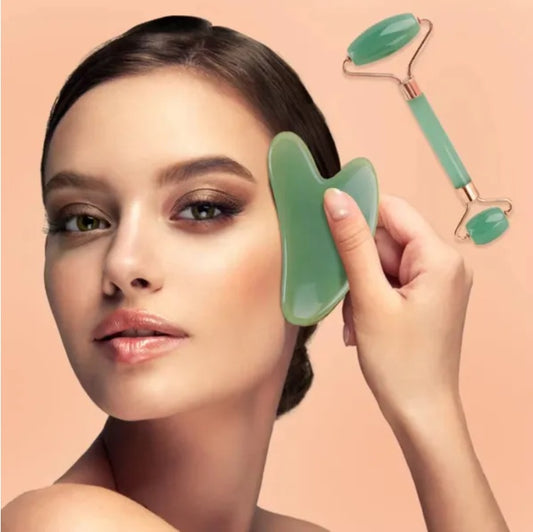 Jade Gua Sha & Facial Roller Set — Natural Stone Face Sculpting Tool
